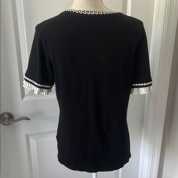 Karl Lagerfeld Black with Ruffled Sleeve White Stitching Detail Sweater - Picture 6 of 8